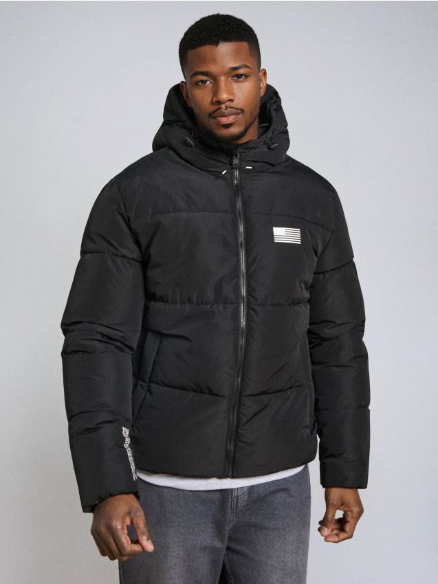 Sinsay - Geacă matlasată, cu glugă NASA - negru