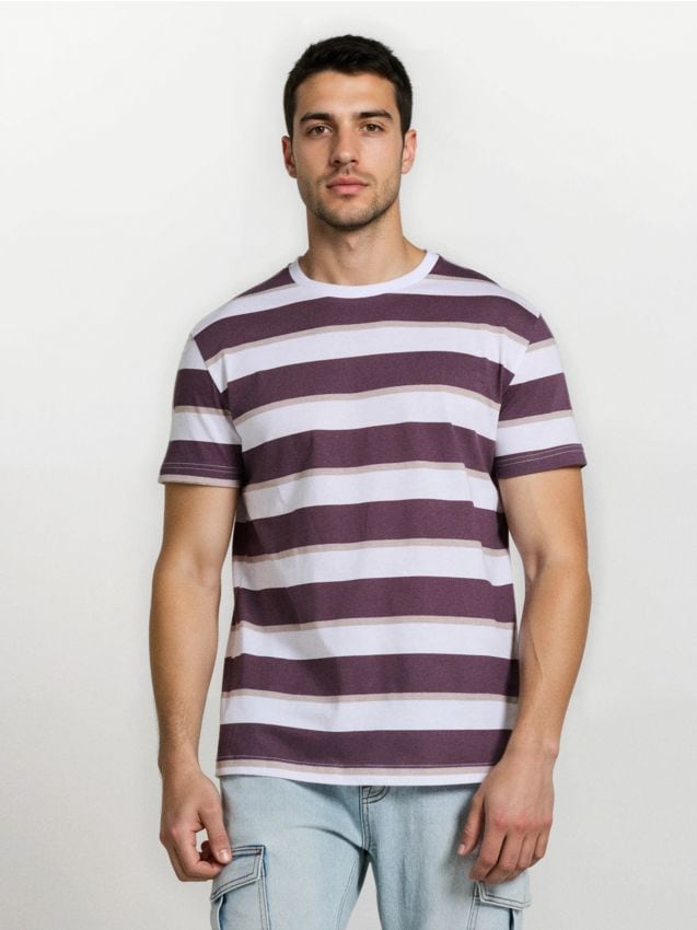 Sinsay - Bawełniana koszulka w paski - fioletowy