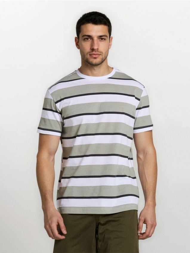 Sinsay - Bawełniana koszulka w paski - zielony