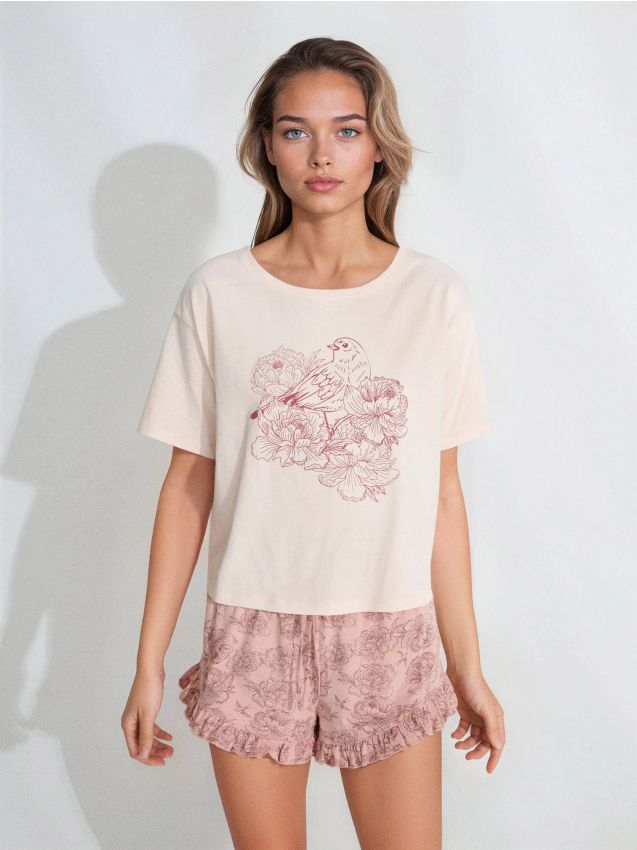 Sinsay - Pijama din bumbac din două piese cu motiv floral - roz-pastel