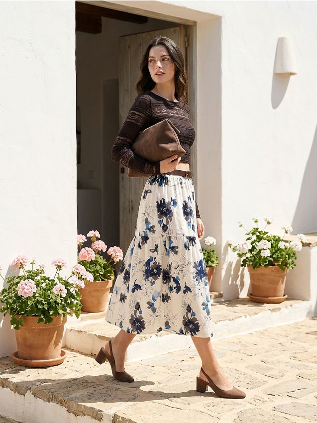 Sinsay - Fustă midi din vâscoză cu model floral și curea - multicolor