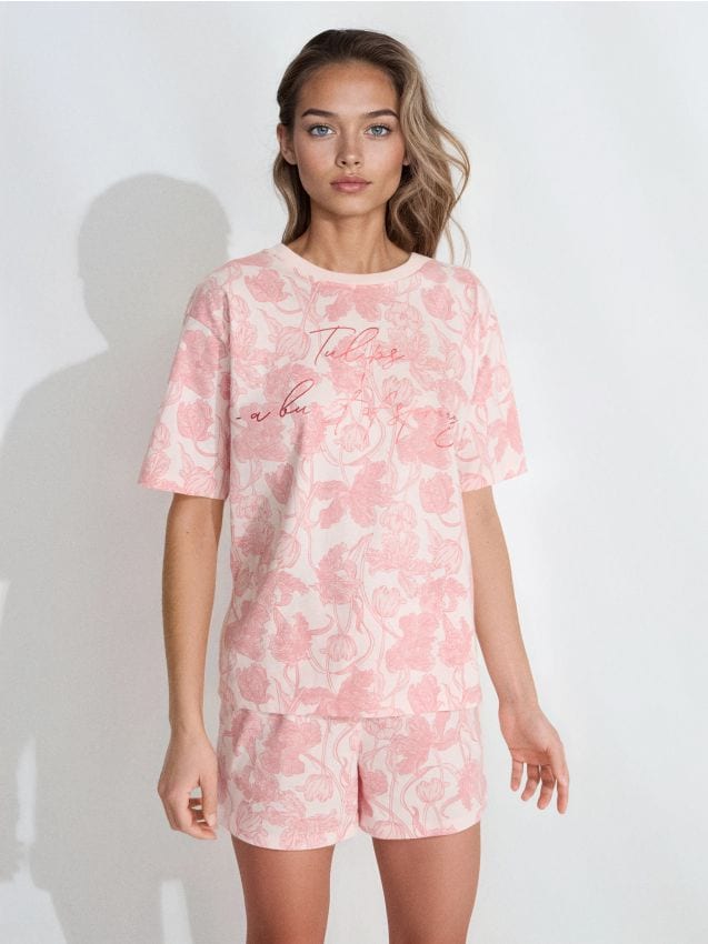 Sinsay - Bawełniana piżama dwuczęściowa z nadrukiem w kwiaty - różowy
