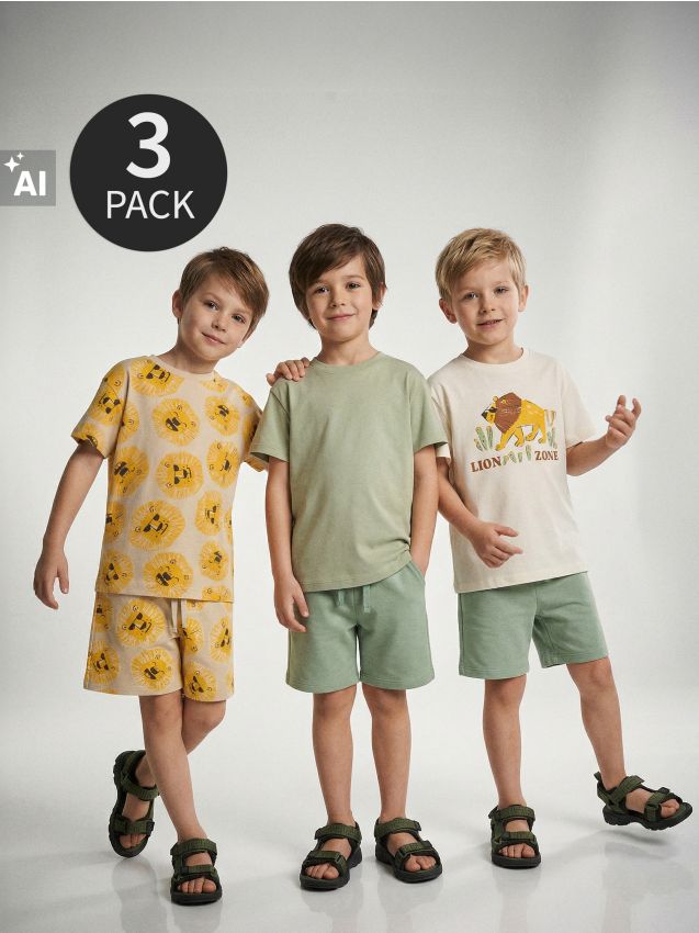 Sinsay - Tricouri din bumbac cu imprimeu de leu 3 pack - crem