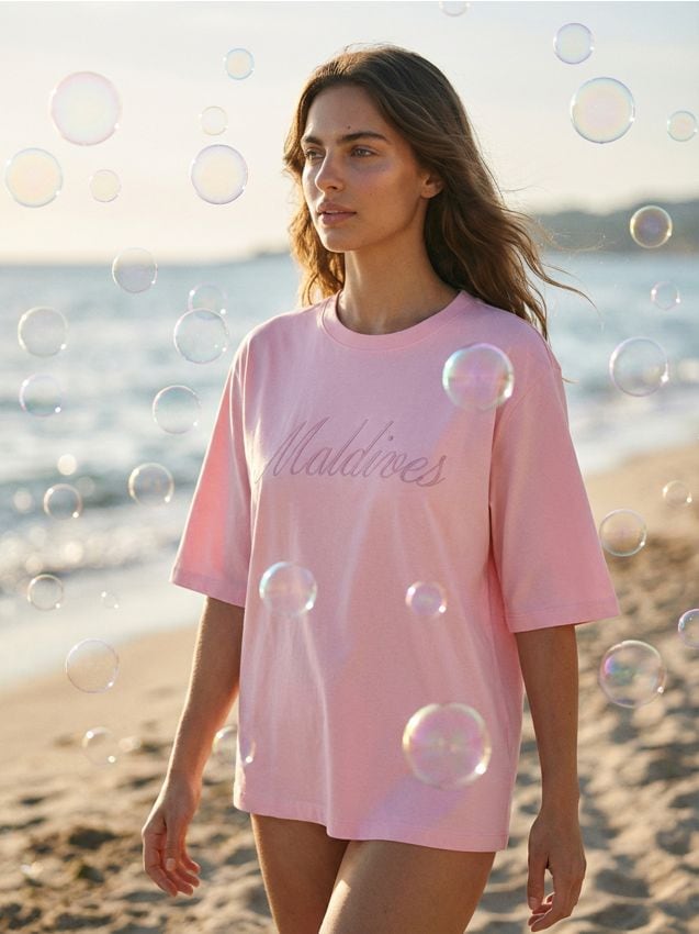 Sinsay - Bawełniana koszulka z haftowanym napisem Maldives - różowy