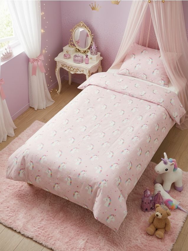 Sinsay - Set de lenjerie de pat cu bumbac cu motiv de unicorni - roz