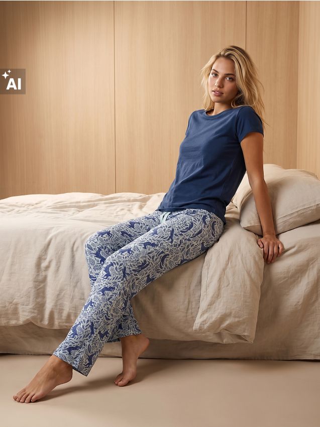 Sinsay - Pijama din bumbac din două piese cu motiv vegetal - bleumarin