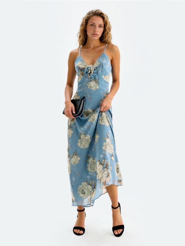 Sinsay - Rochie midi cu bretele și detaliu 3D în formă de trandafir - multicolor