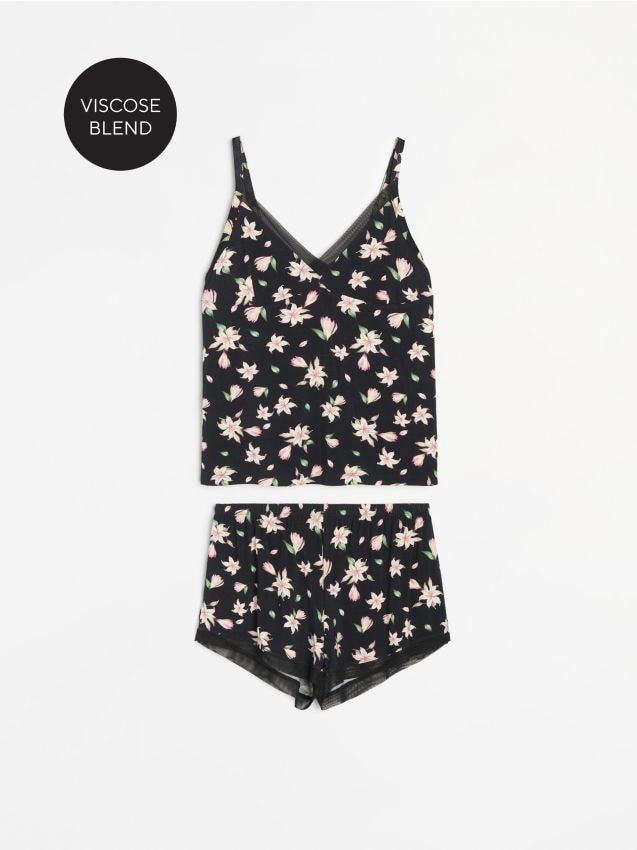 Sinsay - Piżama dwuczęściowa z kwiatowym wzorem - czarny