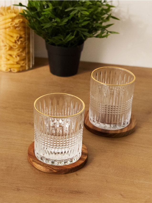 Sinsay - Set de pahare cu model embosat și margine aurie cu suporturi din lemn 2 pack - clear