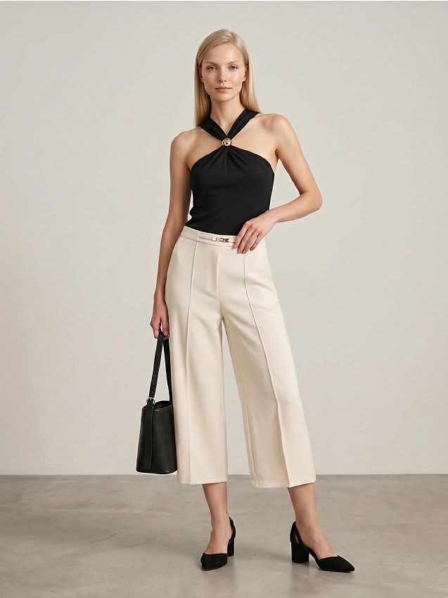 Sinsay - Pantaloni culotte cu cataramă decorativă în talie și cusături pe craci - bej