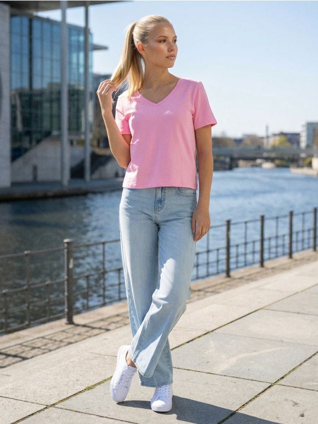 Sinsay - Bawełniana koszulka z gęstego splotu Interlock - begonia