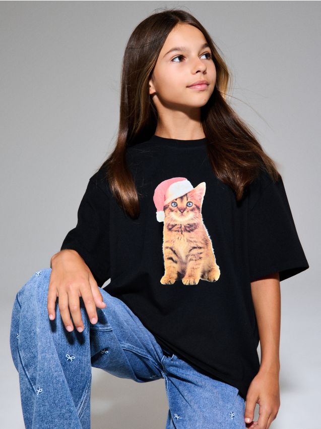 Sinsay - Bavlnené oversize tričko s potlačou - čierna