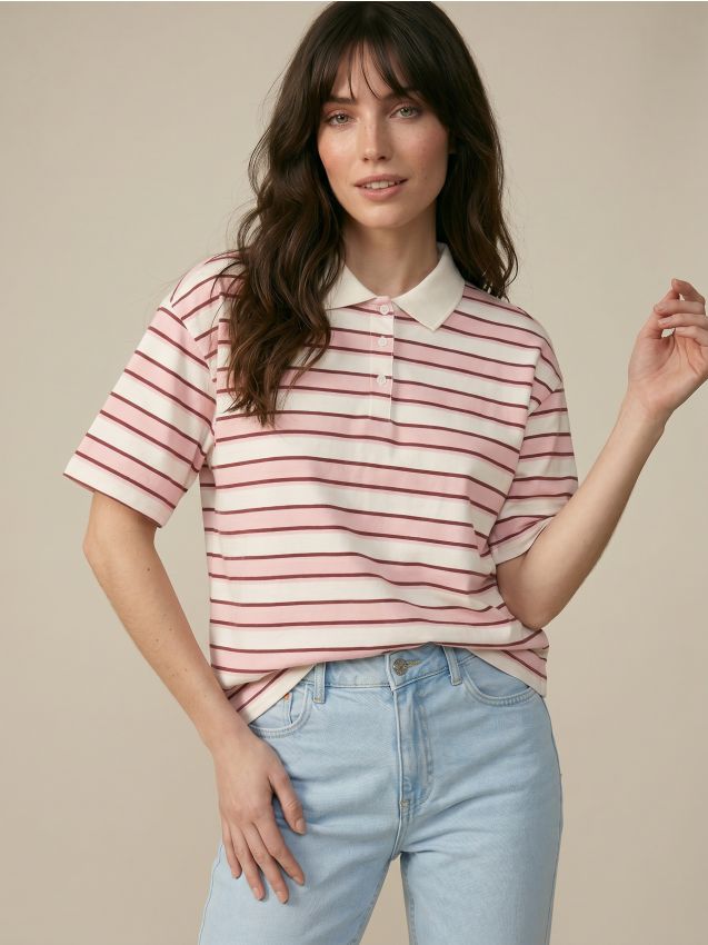 Sinsay - Tricou polo din bumbac cu dungi - roz