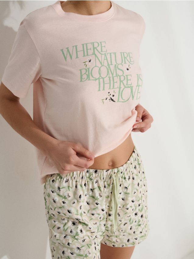 Sinsay - Pijama din bumbac din două piese cu motiv floral - roz