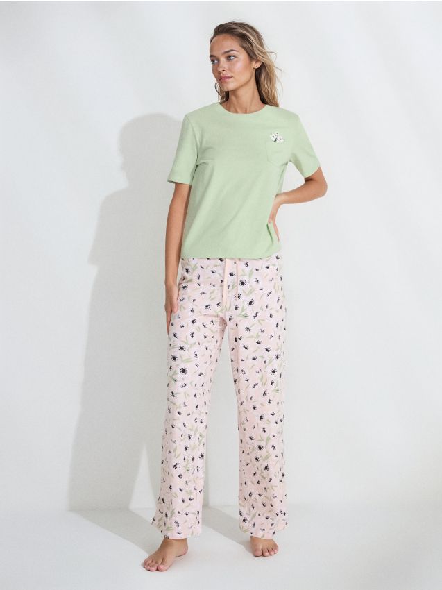 Sinsay - Pijama din bumbac în două piese cu imprimeu - verde-pal