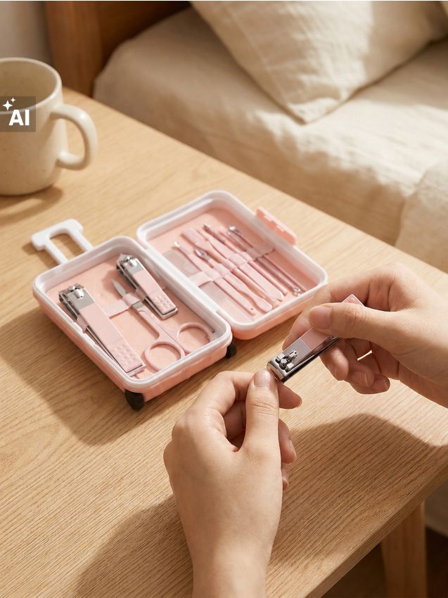 Sinsay - Set de călătorie pentru îngrijirea unghiilor și îngrijire personală în etui în formă de valiză 12 pack - roz-pastel