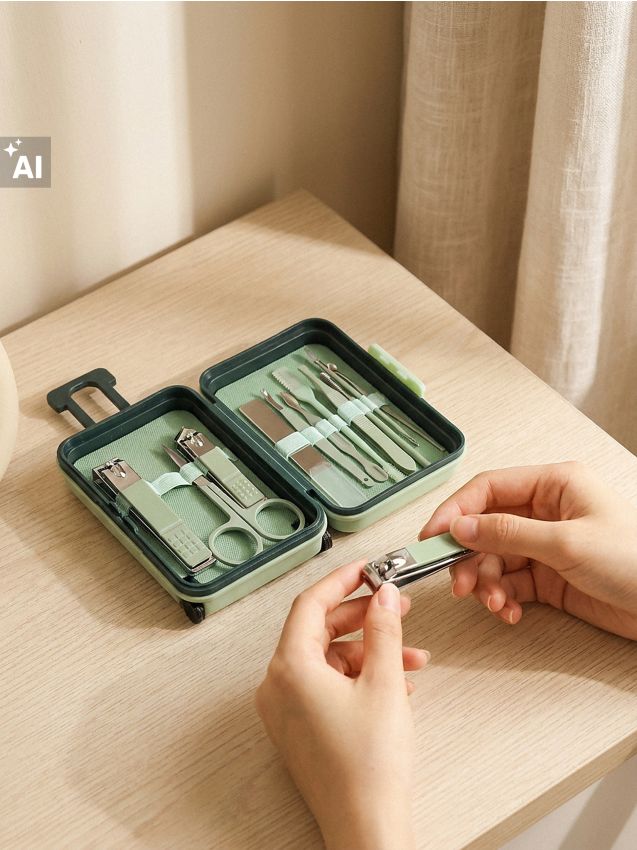 Sinsay - Set de călătorie pentru îngrijirea unghiilor și îngrijire personală în etui în formă de valiză 12 pack - verde-deschis