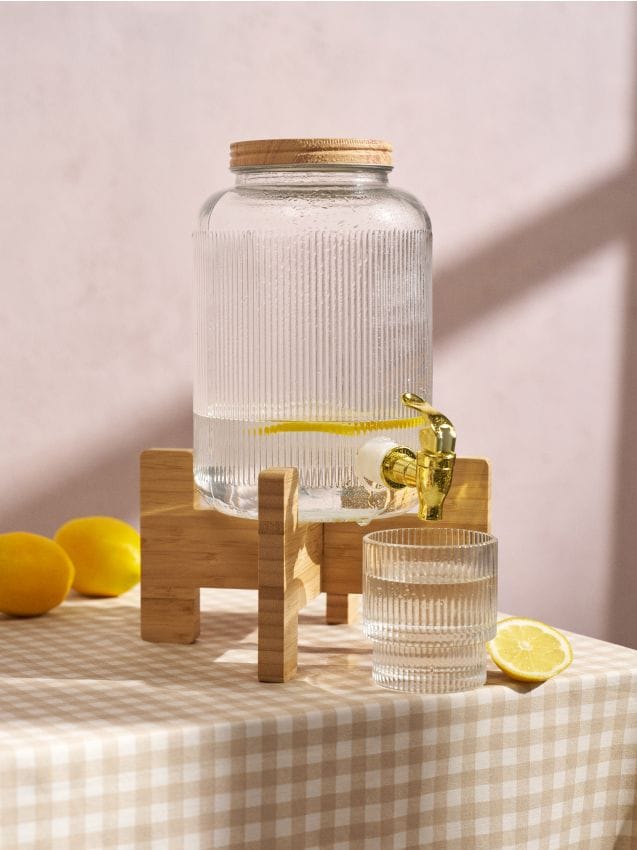 Sinsay - Dozator pentru băuturi cu model striat pe suport din lemn cu capac - clear