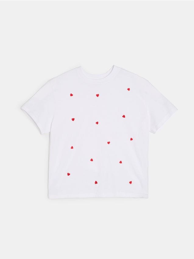 Sinsay - Bawełniana koszulka z krótkim rękawem w serca - kremowy