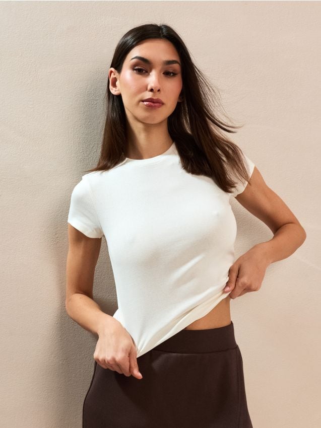 Sinsay - Tricou din bumbac cu mânecă scurtă - crem