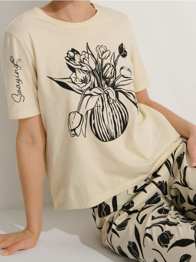 Sinsay - Bawełniana piżama dwuczęściowa z nadrukiem - kremowy