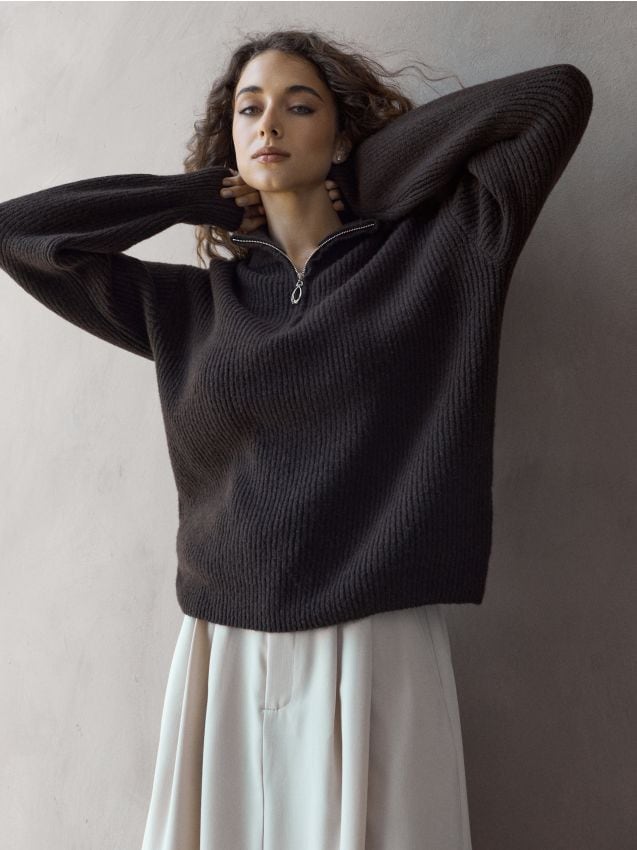 Sinsay - Pulover striat cu guler înalt și fermoar scurt - dark grey jeans