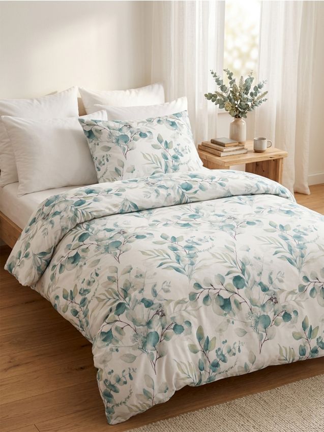 Sinsay - Set de lenjerie de pat cu bumbac cu motiv vegetal - verde-pal