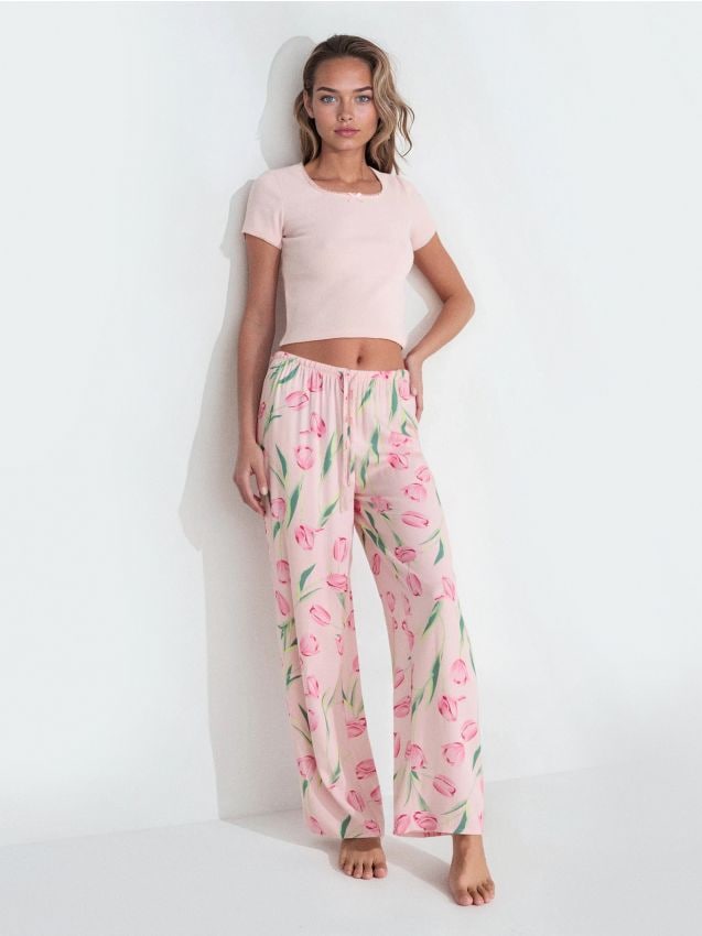 Sinsay - Pijama din bumbac din două piese cu motiv floral - roz