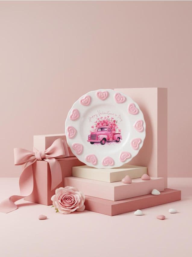 Sinsay - Tavă decorativă de Valentine cu motiv de mașină și inimi - roz-pastel