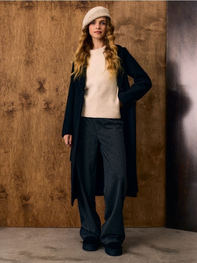 Sinsay - Pantaloni wide leg cu model herringbone și amestec de viscoză - gri-închis