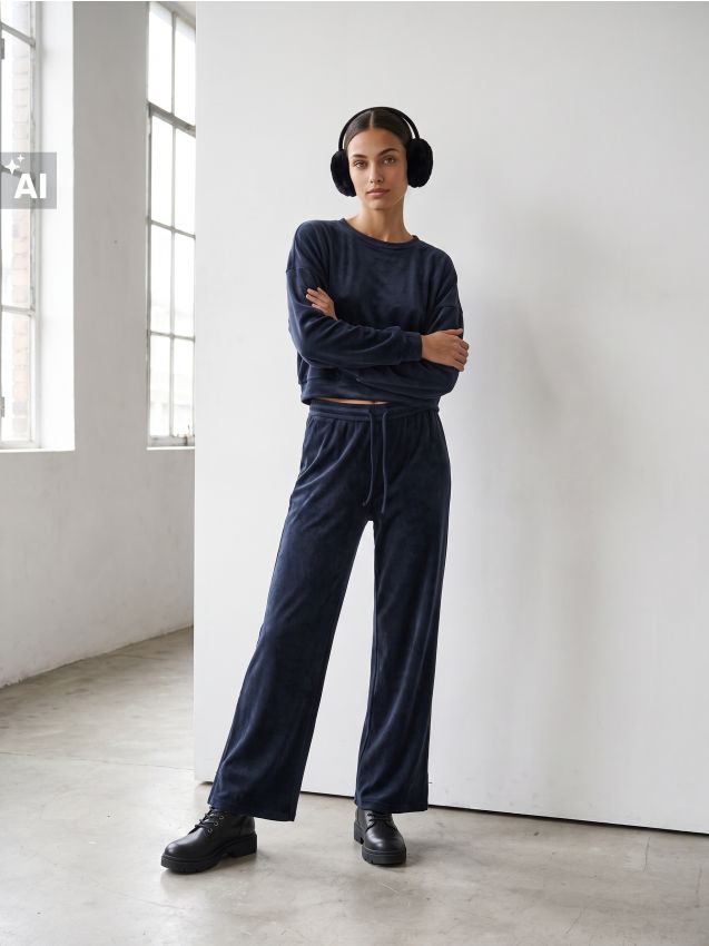 Sinsay - Pantaloni straight leg din catifea - bleumarin