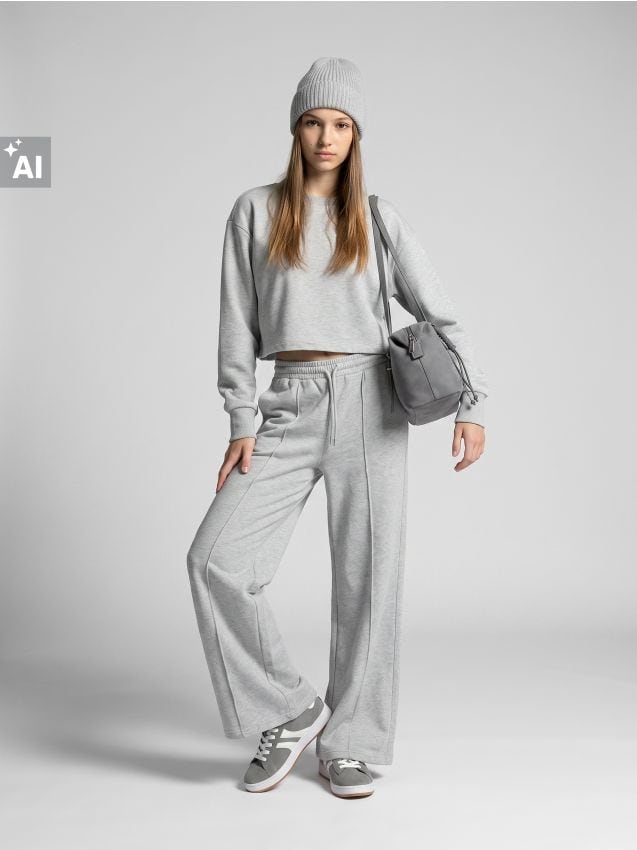 Sinsay - Set de trening: bluză boxy și pantaloni wide leg cu cusături decorative - gri deschis