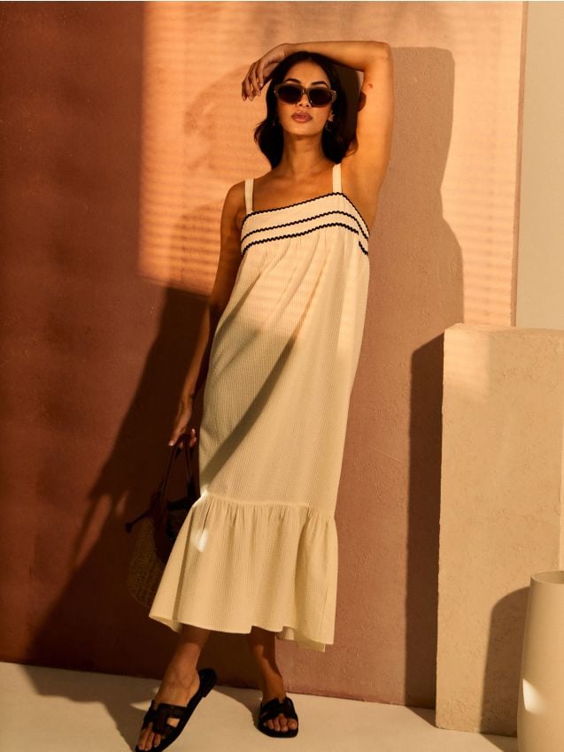 Sinsay - Rochie midi din bumbac cu bretele și volan - crem