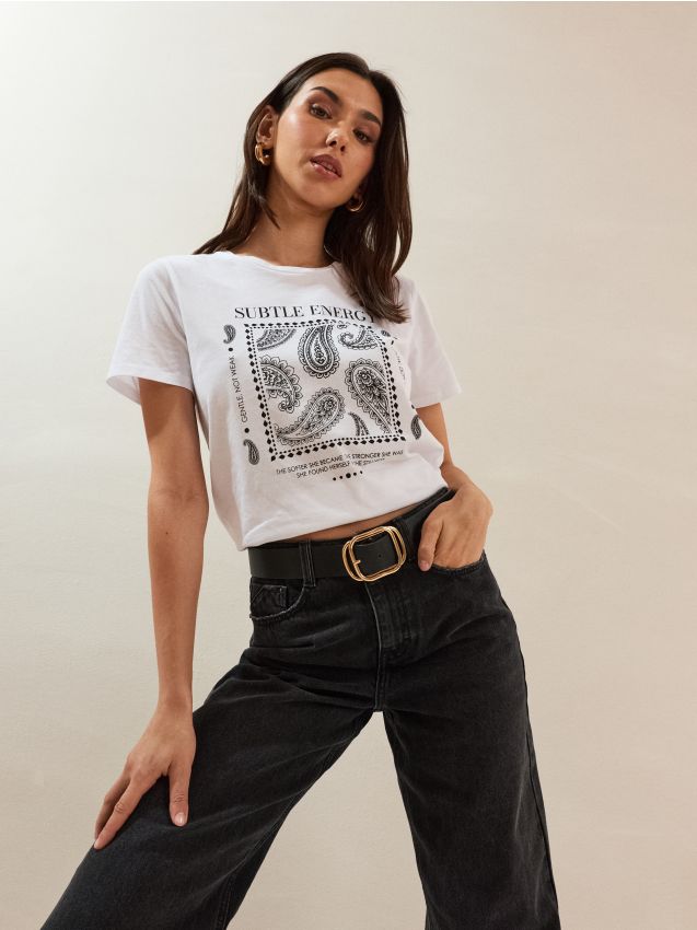 Sinsay - Tricou din bumbac cu imprimeu - crem