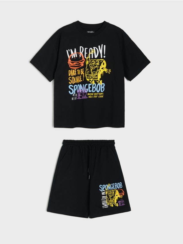 Sinsay - Bawełniany komplet: koszulka i szorty SpongeBob - czarny