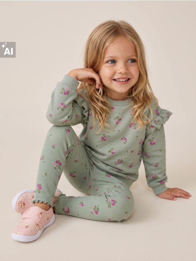 Sinsay - Set din bumbac: bluză cu volane și colanți cu motiv floral - verde-oliv deschis