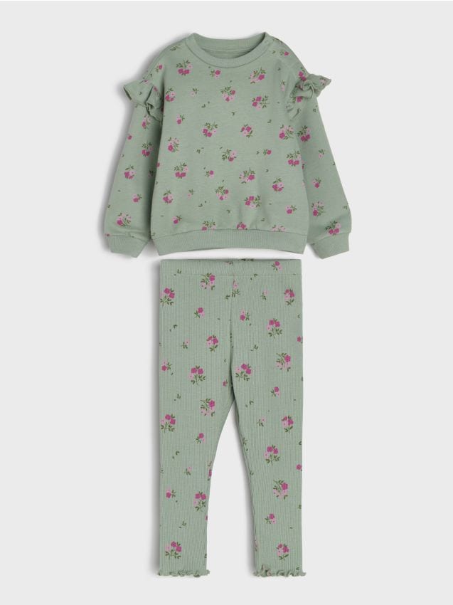 Sinsay - Set din bumbac: bluză cu volane și colanți cu motiv floral - verde-oliv deschis