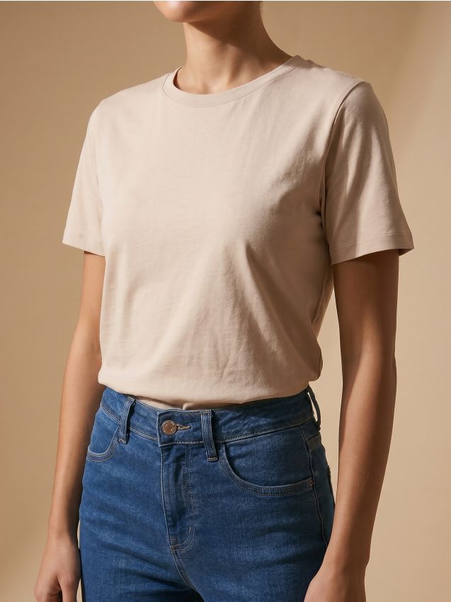 Sinsay - Tricou din bumbac cu mânecă scurtă - bej