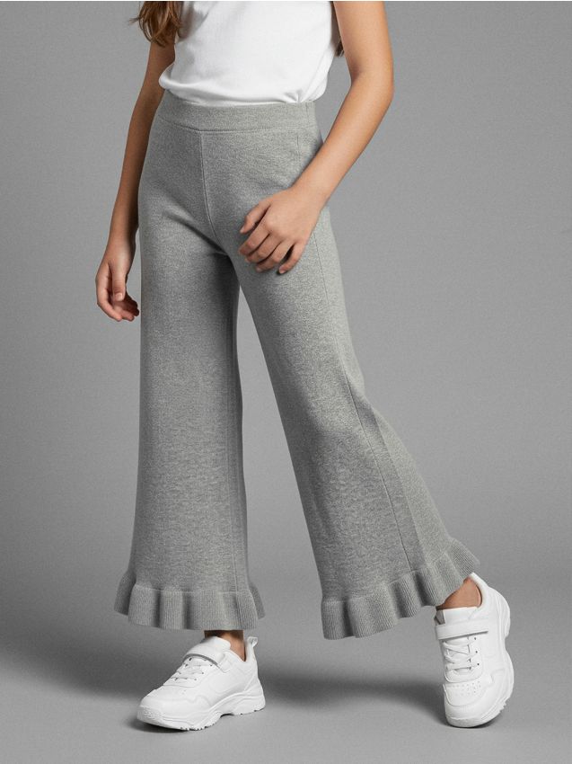 Sinsay - Pletené nohavice wide leg s ozdobnými volánmi - svetlošedá