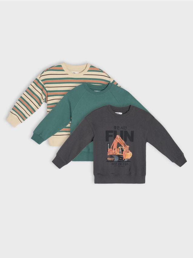 Sinsay - Bluze crewneck cu imprimeu și dungi 3 pack - gri-închis