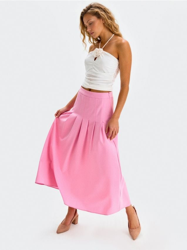 Sinsay - Spódnica midi z zakładkami z domieszką wiskozy - różowy