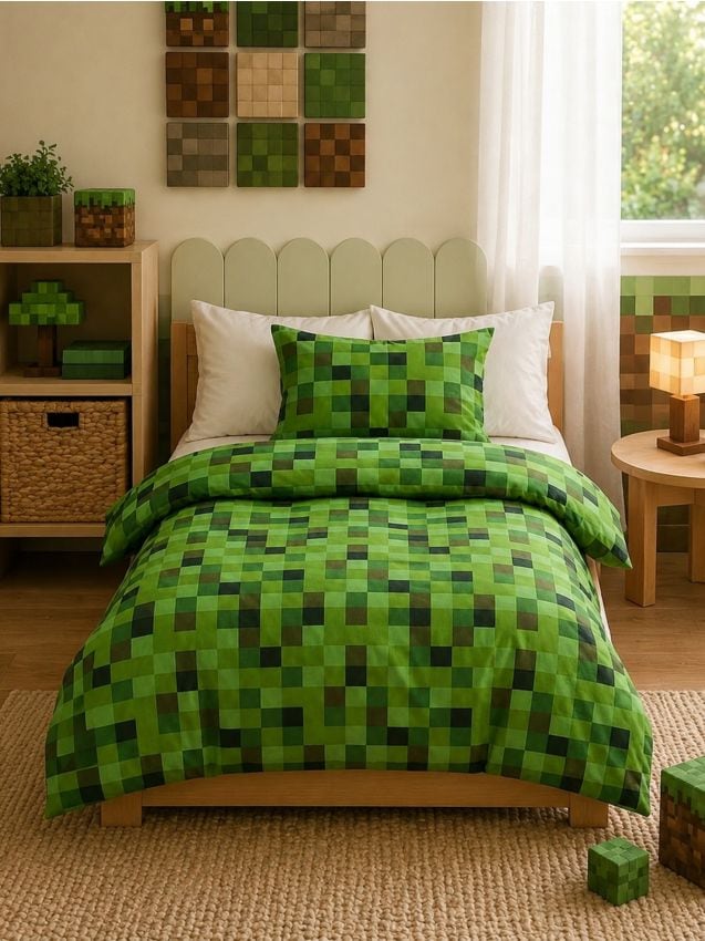 Sinsay - Set de lenjerie de pat din bumbac cu model pixel - verde