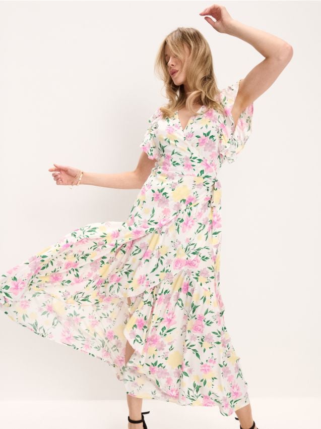 Sinsay - Rochie midi petrecută din viscoză cu imprimeu floral - nude