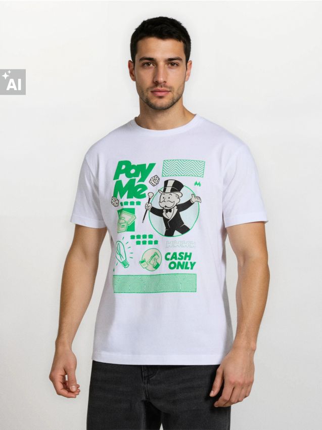 Sinsay - Tricou din bumbac cu imprimeu Monopoly - alb