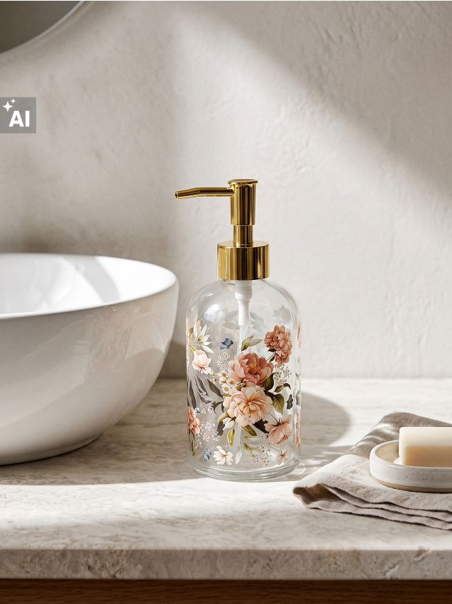 Sinsay - Dozator de săpun din sticlă cu motiv floral și pompă aurie - multicolor