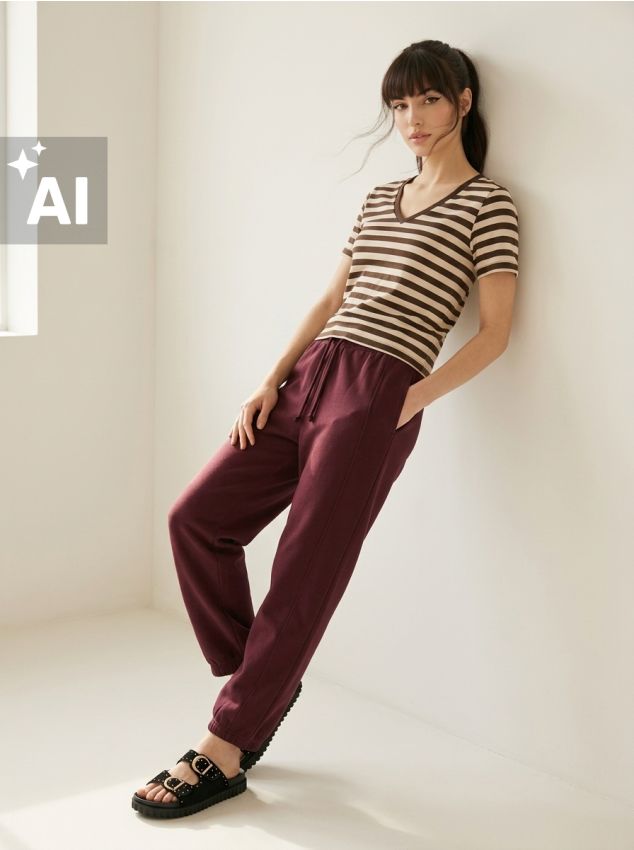 Sinsay - Tricou din bumbac cu dungi și decolteu în V - maro