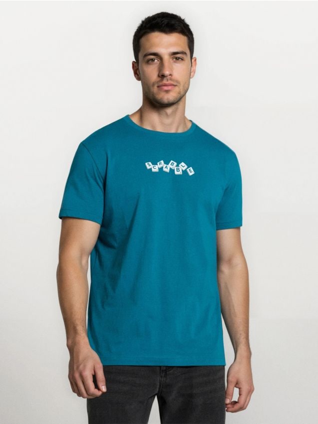 Sinsay - Bawełniana koszulka z krótkim rękawem Scrabble - niebieski