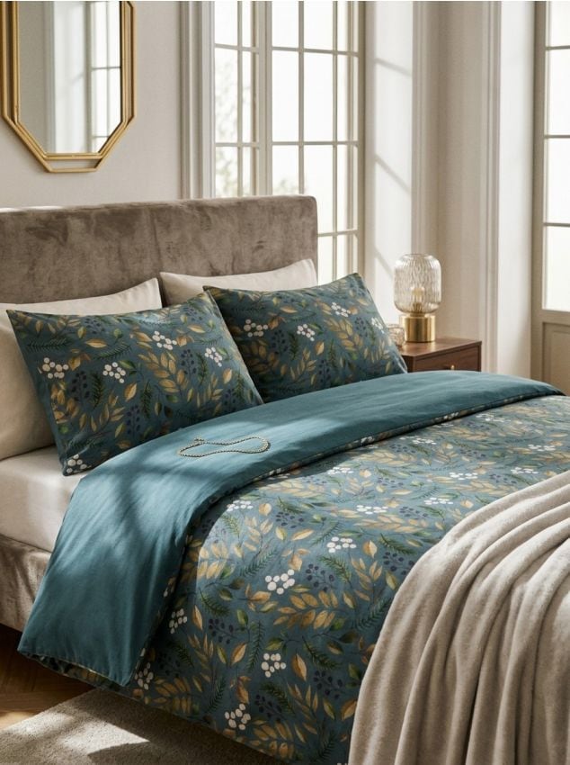 Sinsay - Lenjerie de pat cu imprimeu cu frunze - turcoaz-închis