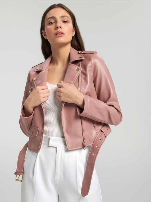 Biker jacket with belt Color dusty rose - SINSAY - 3147F-39X