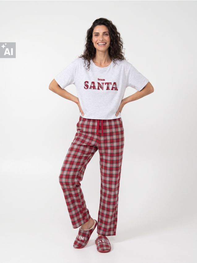 Sinsay - Pijama din flanel în două piese cu motiv de Crăciun Team Santa - gri deschis
